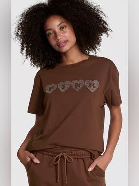 PINK Victoria’s Secret Rhinestone Heart Logo Tee - Brown